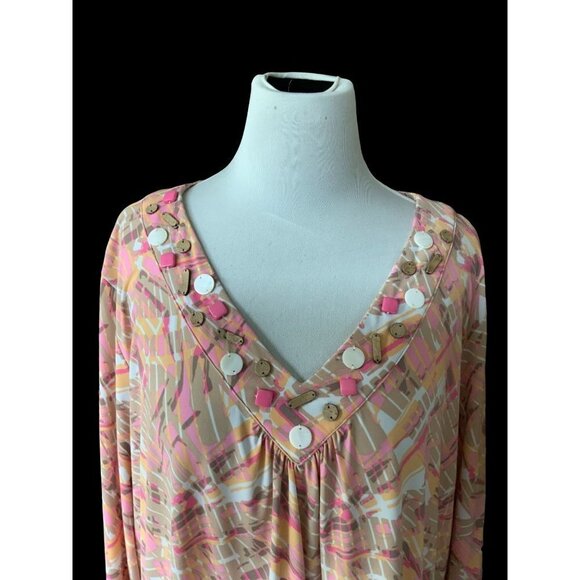 RUBY RD WOMAN PASTEL VNECK BEADED ACCENT QUARTER SLEEVE TOP TUNIC BLOUSE EUC 3X - Picture 1 of 7